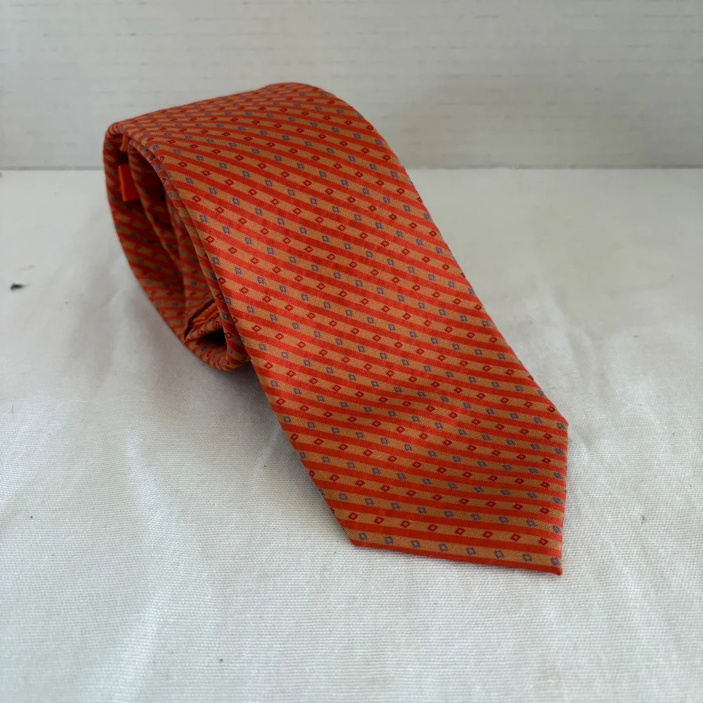 Tallia Mens Orange Red Striped Geometric 100% Silk Necktie 3.25 Inch 121148‎